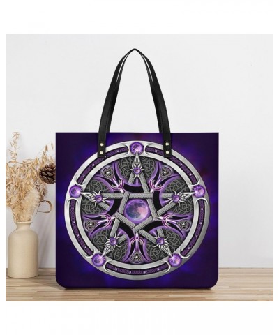 Purple Triple Moon Witch Goddess Wicca Pentacle Women Tote Bags Top Handle Satchel Handbags PU Faux Leather Tassel Shoulder P...