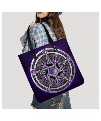 Purple Triple Moon Witch Goddess Wicca Pentacle Women Tote Bags Top Handle Satchel Handbags PU Faux Leather Tassel Shoulder P...