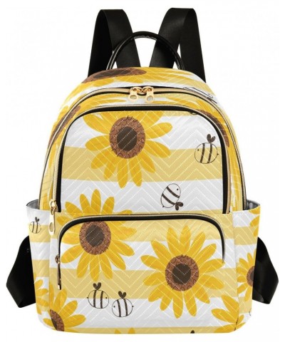 Sunflower Bee Cartoons White Yellow Stripe Backpack Purse for Women Travel Handbag Shoulder Bag $17.15 Backpacks