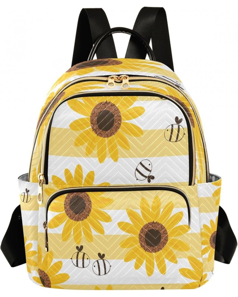 Sunflower Bee Cartoons White Yellow Stripe Backpack Purse for Women Travel Handbag Shoulder Bag $17.15 Backpacks