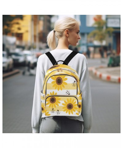 Sunflower Bee Cartoons White Yellow Stripe Backpack Purse for Women Travel Handbag Shoulder Bag $17.15 Backpacks