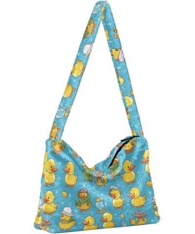 Ducks Wearing Hats Faux Plush Tote Handbags Versatile Underarm Bag Stylish Shuolder Bag for Women $9.02 Totes