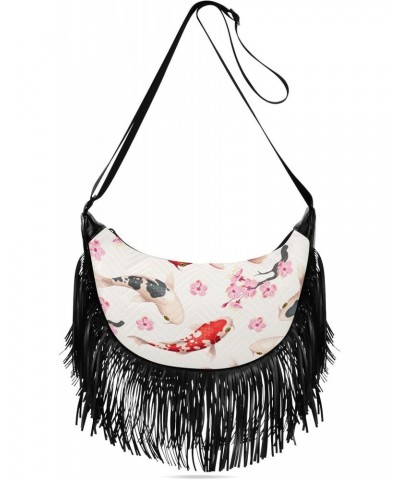 Pink Cherry Flowers Fish Crossbody Bag for Women Fringe Shoulder Bag with Adjustable Strap $11.34 Crossbody Bags