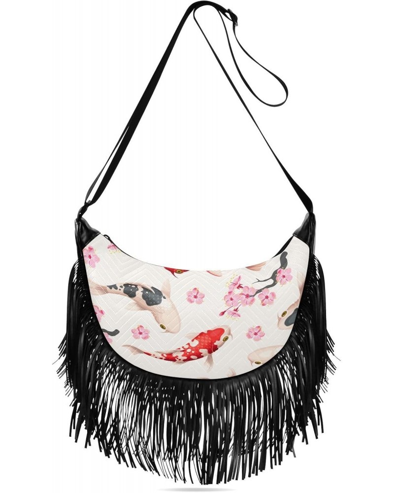 Pink Cherry Flowers Fish Crossbody Bag for Women Fringe Shoulder Bag with Adjustable Strap $11.34 Crossbody Bags