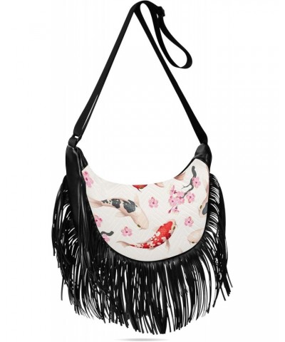 Pink Cherry Flowers Fish Crossbody Bag for Women Fringe Shoulder Bag with Adjustable Strap $11.34 Crossbody Bags