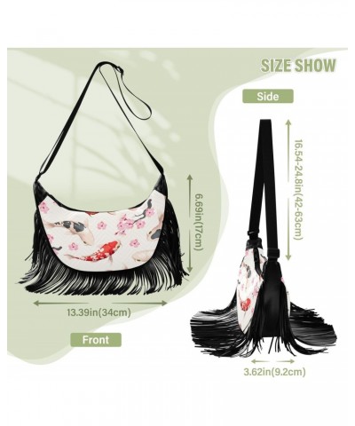 Pink Cherry Flowers Fish Crossbody Bag for Women Fringe Shoulder Bag with Adjustable Strap $11.34 Crossbody Bags