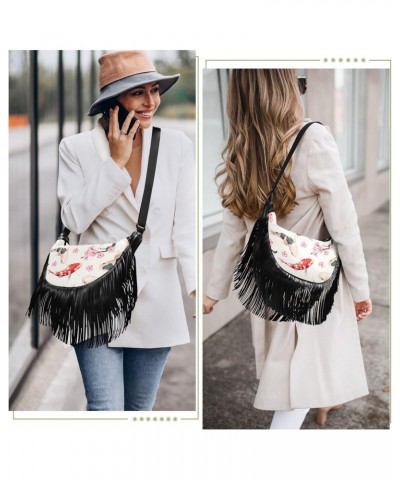 Pink Cherry Flowers Fish Crossbody Bag for Women Fringe Shoulder Bag with Adjustable Strap $11.34 Crossbody Bags