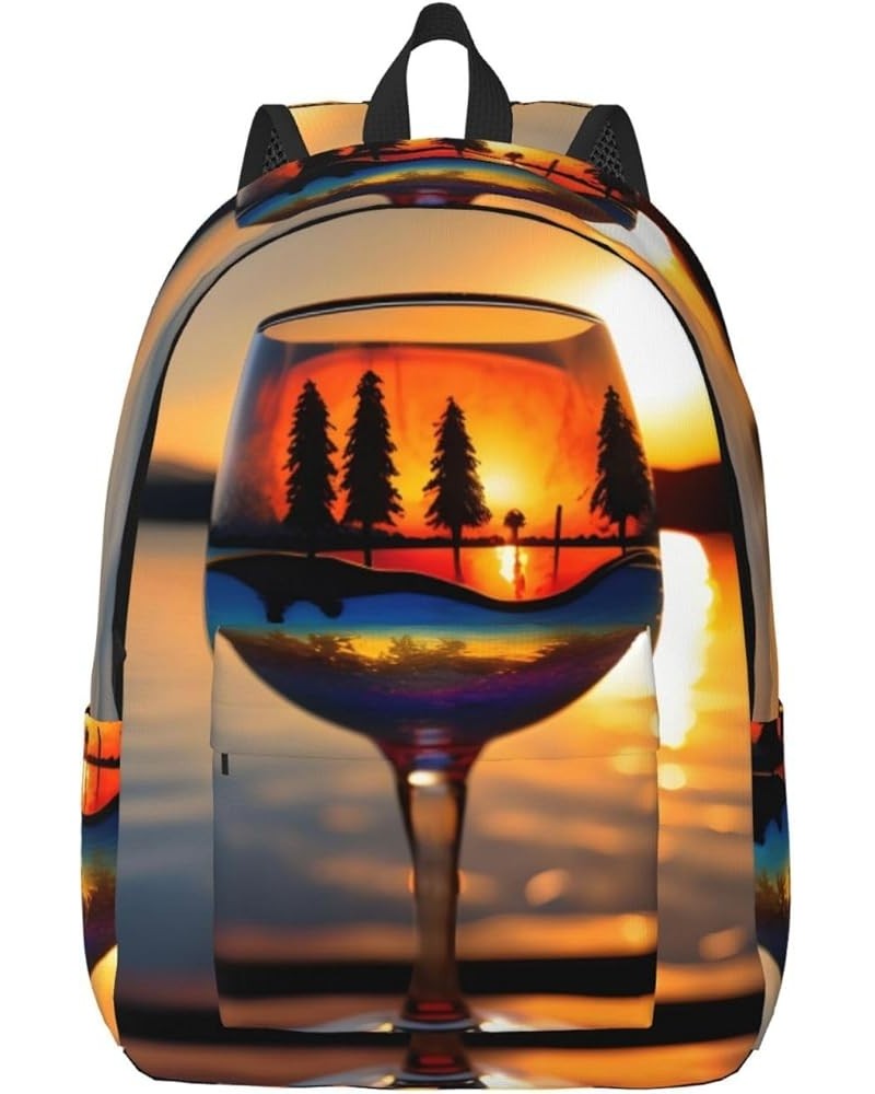 Sunset Wine Glass Print Canvas Backpack Style Outdoor Travel Bag Casual Daypack Cloth Zippered Rucksack Black Medium $25.53 B...