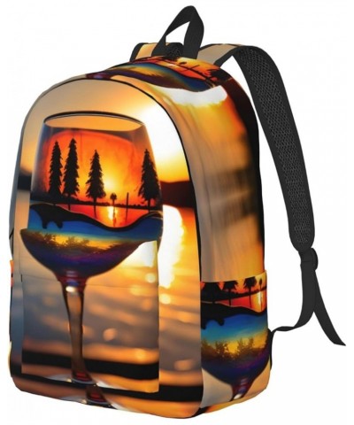 Sunset Wine Glass Print Canvas Backpack Style Outdoor Travel Bag Casual Daypack Cloth Zippered Rucksack Black Medium $25.53 B...