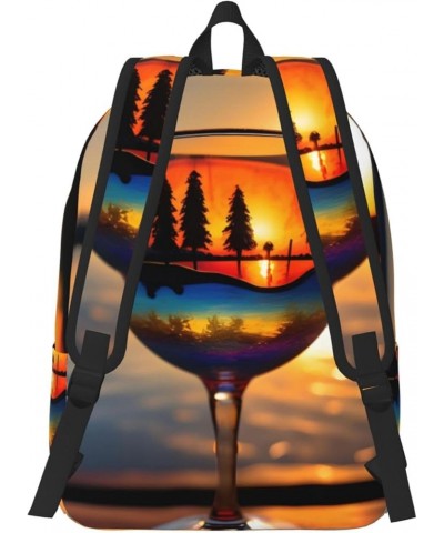 Sunset Wine Glass Print Canvas Backpack Style Outdoor Travel Bag Casual Daypack Cloth Zippered Rucksack Black Medium $25.53 B...