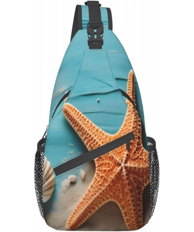 Ocean Beach Starfish Wooden Crossbody Sling Bag for Men Women Sling Backpack Shoulder Bag Casual Hiking Daypack Chest Bag for...