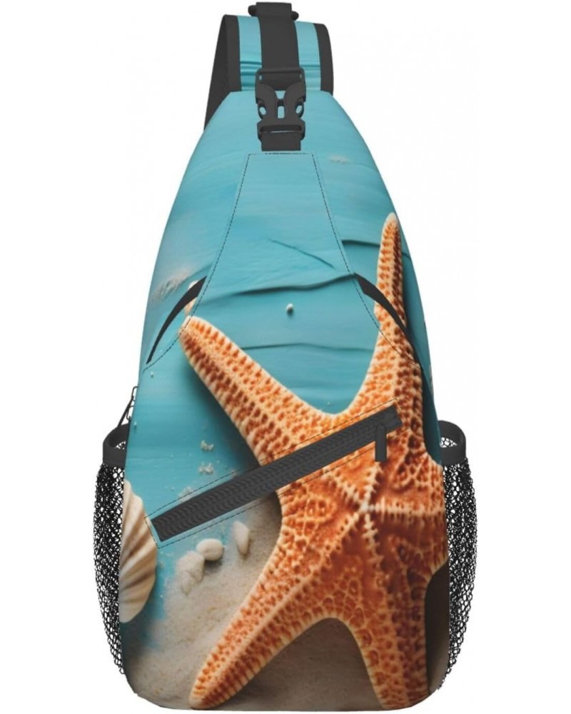 Ocean Beach Starfish Wooden Crossbody Sling Bag for Men Women Sling Backpack Shoulder Bag Casual Hiking Daypack Chest Bag for...