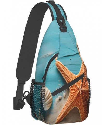 Ocean Beach Starfish Wooden Crossbody Sling Bag for Men Women Sling Backpack Shoulder Bag Casual Hiking Daypack Chest Bag for...