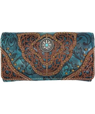 Women Western Floral Damask Pattern Medallion Crossbody Wrist Trifold Wallet (Brown) Turquoise $14.39 Wallets