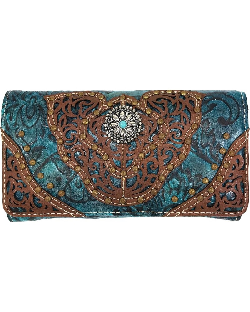 Women Western Floral Damask Pattern Medallion Crossbody Wrist Trifold Wallet (Brown) Turquoise $14.39 Wallets