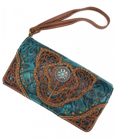 Women Western Floral Damask Pattern Medallion Crossbody Wrist Trifold Wallet (Brown) Turquoise $14.39 Wallets