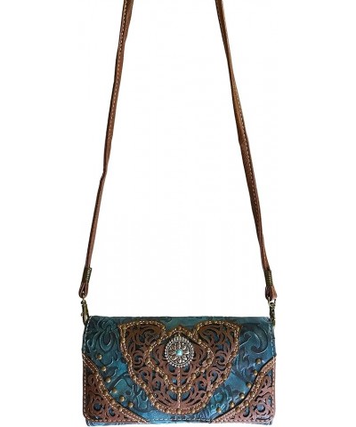 Women Western Floral Damask Pattern Medallion Crossbody Wrist Trifold Wallet (Brown) Turquoise $14.39 Wallets