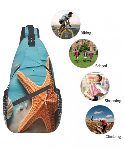 Ocean Beach Starfish Wooden Crossbody Sling Bag for Men Women Sling Backpack Shoulder Bag Casual Hiking Daypack Chest Bag for...