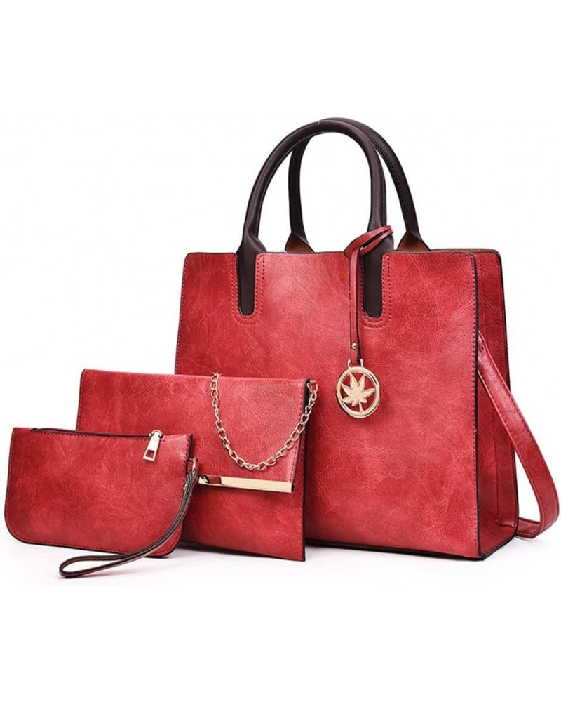 Women Large Satchel Handbag Leather Crossbody Tote Ladies Shoulder Bag Top Handle Purse with Clutch 3PCS Set Red $30.08 Totes