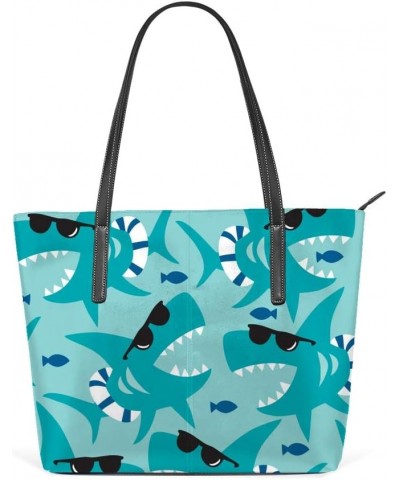 Large Shoulder Bag Pu Leather Tote Top Handle Handbag Shark Ocean Sea For Women Girls $19.43 Shoulder Bags