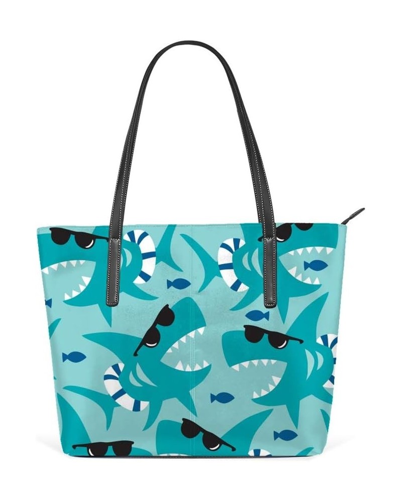 Large Shoulder Bag Pu Leather Tote Top Handle Handbag Shark Ocean Sea For Women Girls $19.43 Shoulder Bags