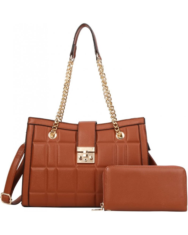 Fashion Handbags for Women Leather Satchel Purses Set Quilted Tote Shoulder Bag for work/gift 8718-brown $31.50 Totes