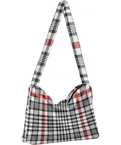 Women Boho Handbag Black Red White Plaid Underarm Bag Tote Bag Shoulder Bag Crossbody Bag Fluffy Cell Phone Purse Lady Travel...