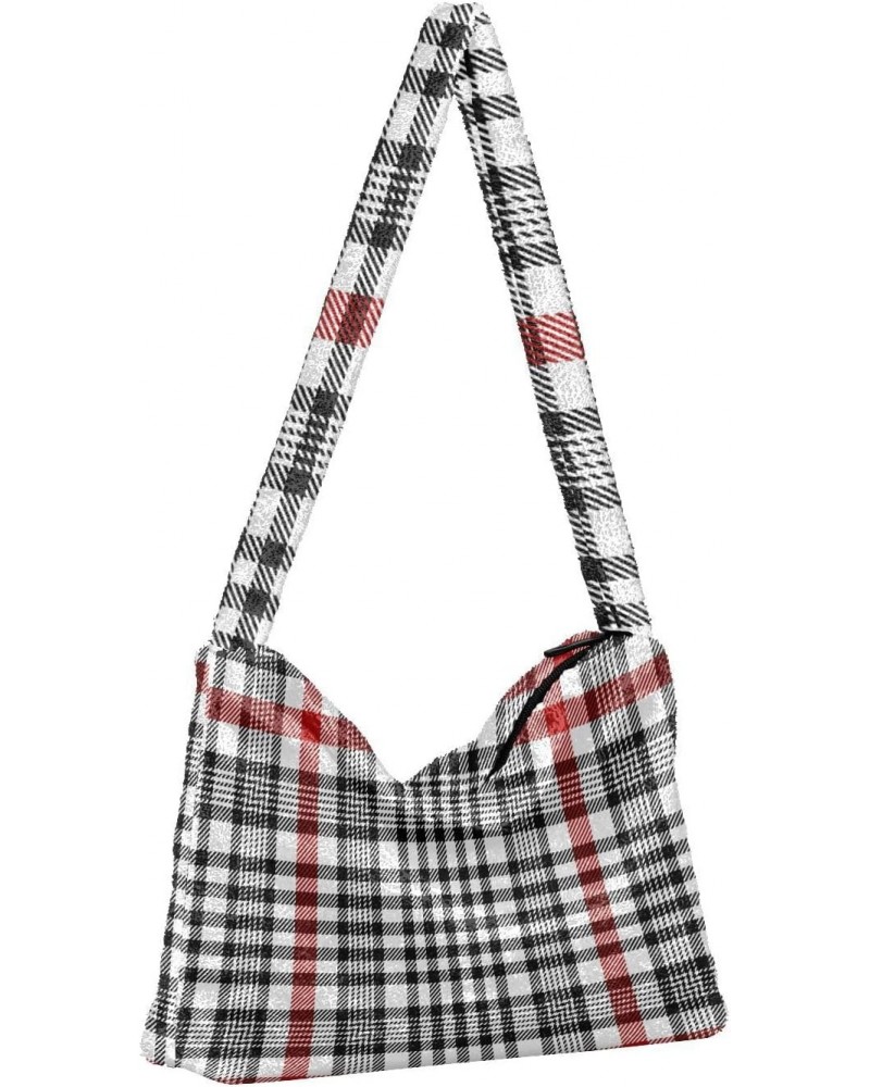 Women Boho Handbag Black Red White Plaid Underarm Bag Tote Bag Shoulder Bag Crossbody Bag Fluffy Cell Phone Purse Lady Travel...