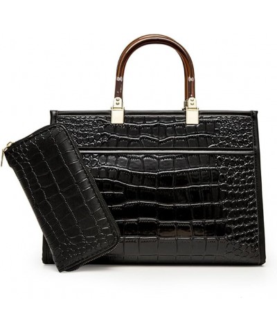 Women Handbag Crocodile Pattern Leather Satchel Top Handle Purse Ladies Fashion Crossbody Bag Tote with Clutch (Black) Black ...