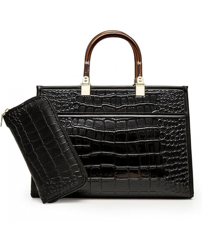 Women Handbag Crocodile Pattern Leather Satchel Top Handle Purse Ladies Fashion Crossbody Bag Tote with Clutch (Black) Black ...