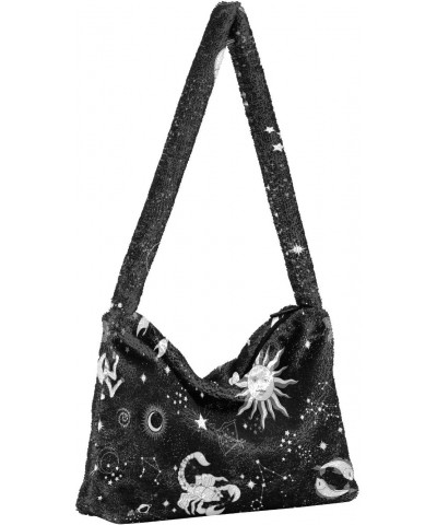 Women Boho Handbag Horoscope Sun Moon Star Black White Underarm Bag Tote Bag Shoulder Bag Crossbody Bag Fluffy Cell Phone Pur...