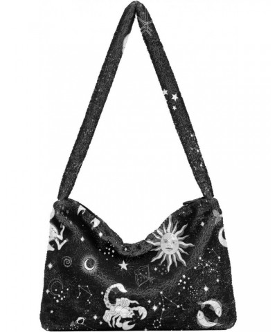 Women Boho Handbag Horoscope Sun Moon Star Black White Underarm Bag Tote Bag Shoulder Bag Crossbody Bag Fluffy Cell Phone Pur...