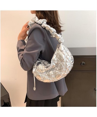 Quilted Cloud Dumpling Bag for Women Pu Leather Sparkly Crescent Bag Casual Lightweight Hobo Shoulder Dumpling Purse Silver $...