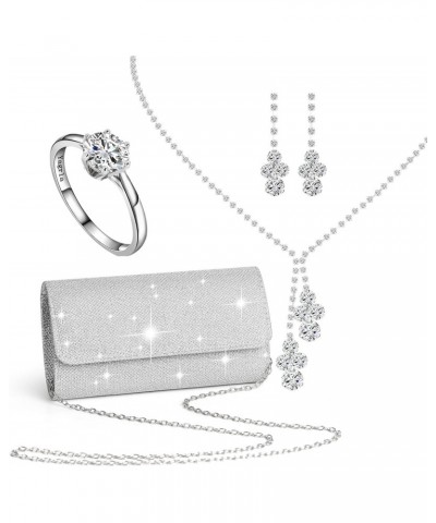 Silver Clutch Purse Jewelry Set for Women Evening Rhinestone Purse Bling Necklace Earrings for Bride Wedding Party(Set) $12.9...