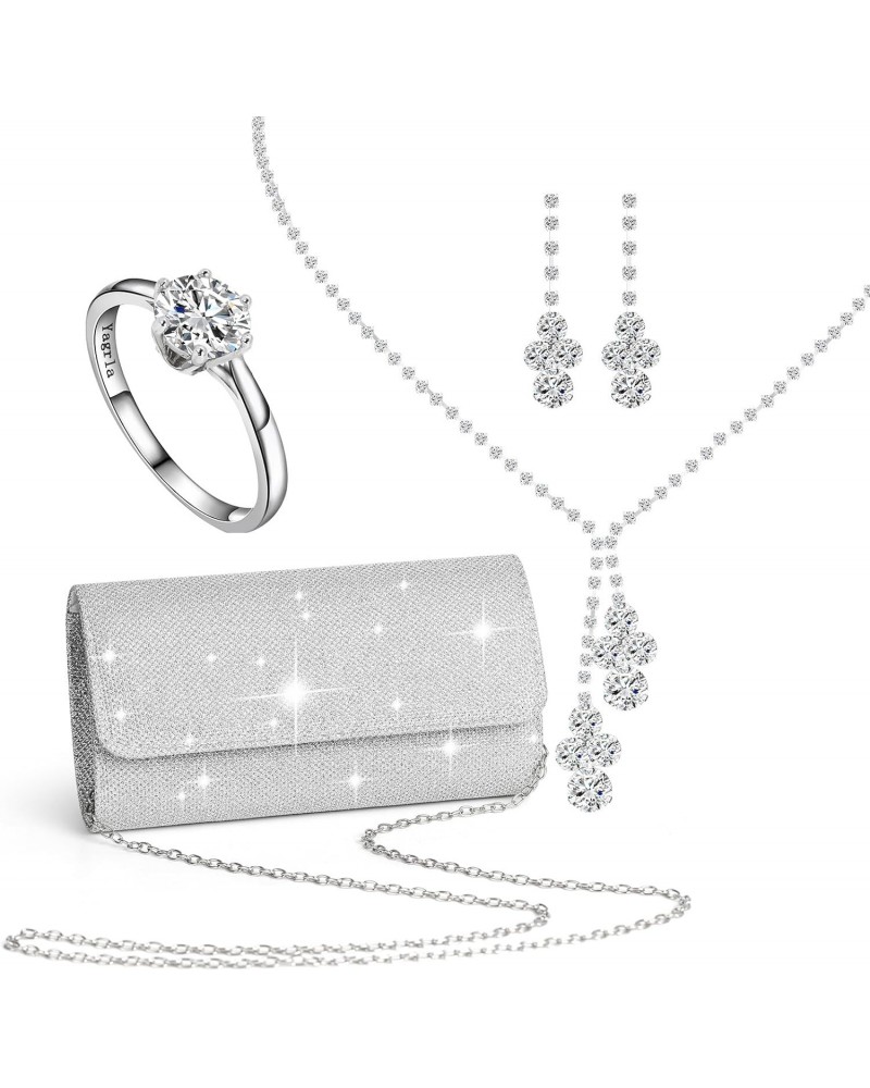 Silver Clutch Purse Jewelry Set for Women Evening Rhinestone Purse Bling Necklace Earrings for Bride Wedding Party(Set) $12.9...