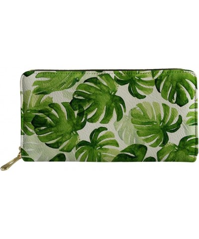 Ladies Clutch Purse Fashion Flower Printing Womens PU Leather Zip Long Wallet Clutch Tropical Leaves $10.80 Wallets