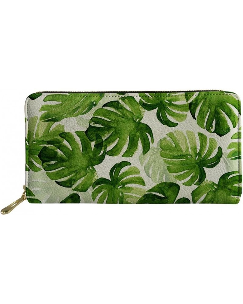 Ladies Clutch Purse Fashion Flower Printing Womens PU Leather Zip Long Wallet Clutch Tropical Leaves $10.80 Wallets