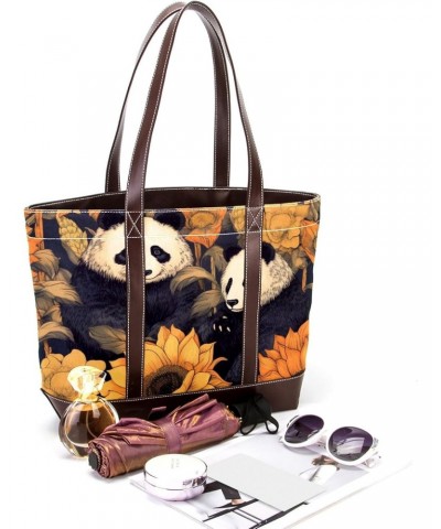 Panda Canvas Leather Mix Crossbody Bag, 13.3x4.7x12.2 in, Hand-held Shoulder Purse $19.20 Crossbody Bags