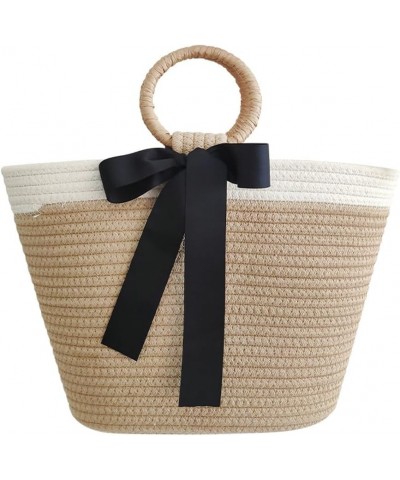 Large Capacity Simple Straw Handbag Tote Bag Cotton Thread Bag Commuter Grass Woven Women's Bag 2024 Black $15.67 Handbags