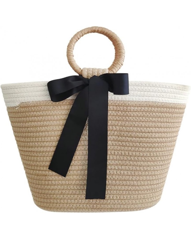 Large Capacity Simple Straw Handbag Tote Bag Cotton Thread Bag Commuter Grass Woven Women's Bag 2024 Black $15.67 Handbags