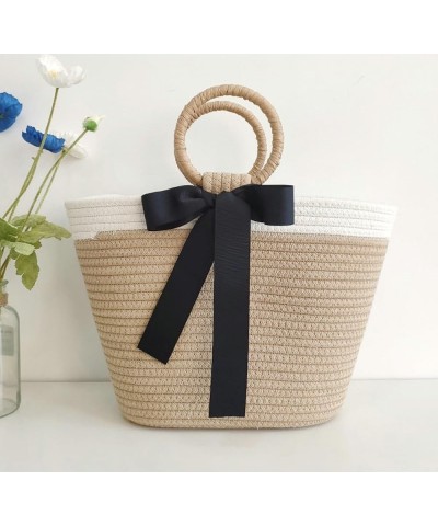 Large Capacity Simple Straw Handbag Tote Bag Cotton Thread Bag Commuter Grass Woven Women's Bag 2024 Black $15.67 Handbags