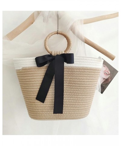 Large Capacity Simple Straw Handbag Tote Bag Cotton Thread Bag Commuter Grass Woven Women's Bag 2024 Black $15.67 Handbags