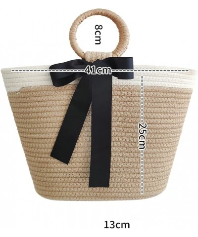 Large Capacity Simple Straw Handbag Tote Bag Cotton Thread Bag Commuter Grass Woven Women's Bag 2024 Black $15.67 Handbags