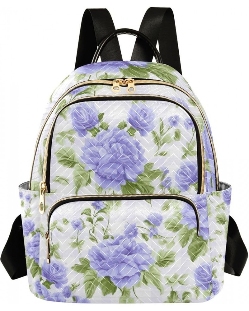 Blue Roses in Stripes with Violet Striped Small Backpack for Women Travel, Fashion Daypack, Womens Travel Backpack for Airpla...