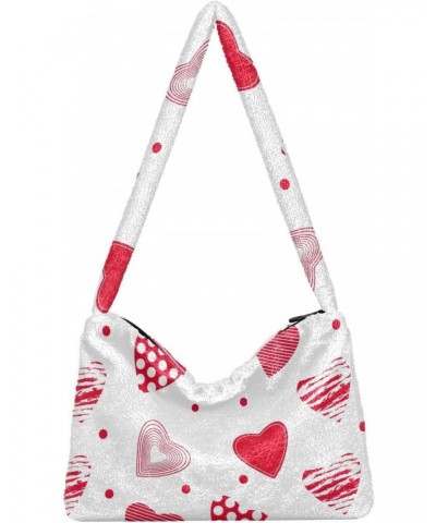 Summer Red Hearts Plush Underarm Bag Women's Tote Handbags Fluffy Shoulder Bag for Autumn and Winter $9.60 Shoulder Bags