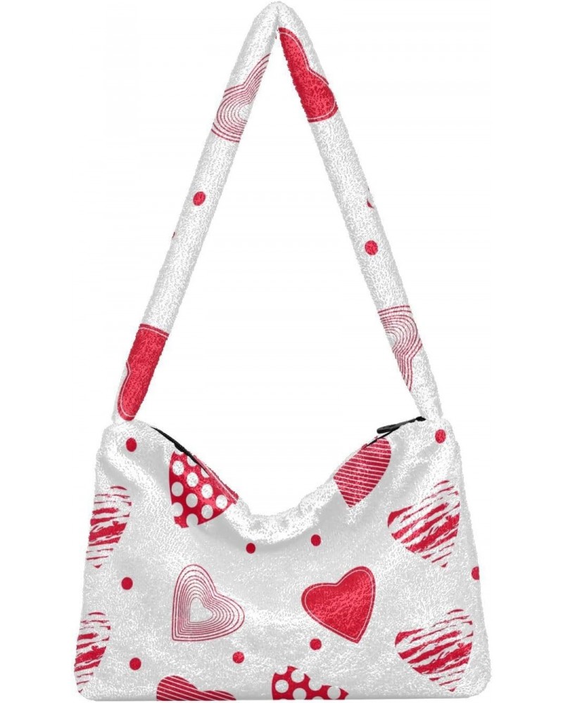 Summer Red Hearts Plush Underarm Bag Women's Tote Handbags Fluffy Shoulder Bag for Autumn and Winter $9.60 Shoulder Bags