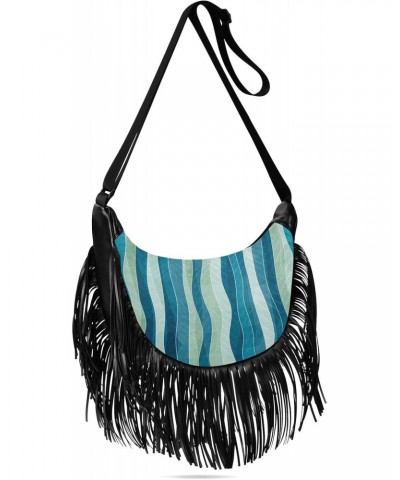 Abstract Grunge Blue Wave Fringe Bag for Women Cross Body Bag Tassel Shoulder Bag Satchel $12.42 Crossbody Bags