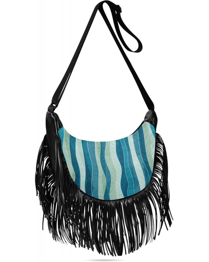 Abstract Grunge Blue Wave Fringe Bag for Women Cross Body Bag Tassel Shoulder Bag Satchel $12.42 Crossbody Bags