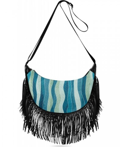 Abstract Grunge Blue Wave Fringe Bag for Women Cross Body Bag Tassel Shoulder Bag Satchel $12.42 Crossbody Bags