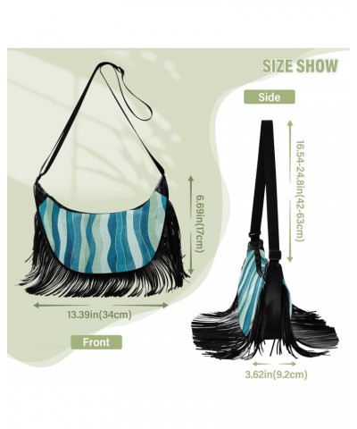 Abstract Grunge Blue Wave Fringe Bag for Women Cross Body Bag Tassel Shoulder Bag Satchel $12.42 Crossbody Bags